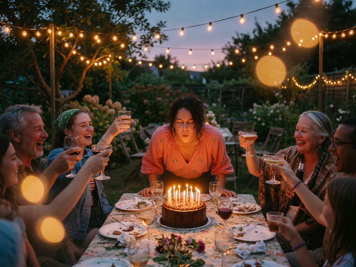 Friends toasting around a birthday cake in the evening.