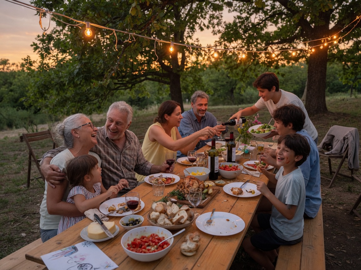 A family dinner outdoors at golden hour.