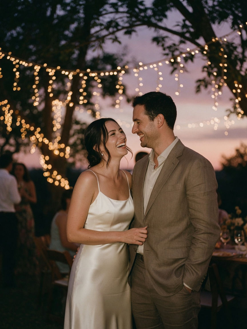 A couple at their outdoor wedding reception, under string lights.
